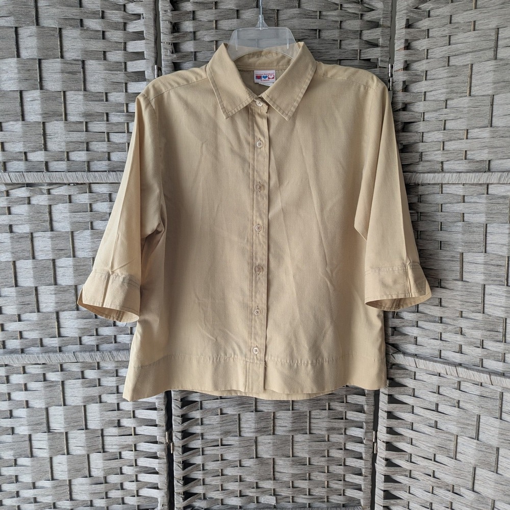 Vtg Haband American Sweetheart Button Up Top Tan 3/4 Sleeve Blouse Sz L *READ